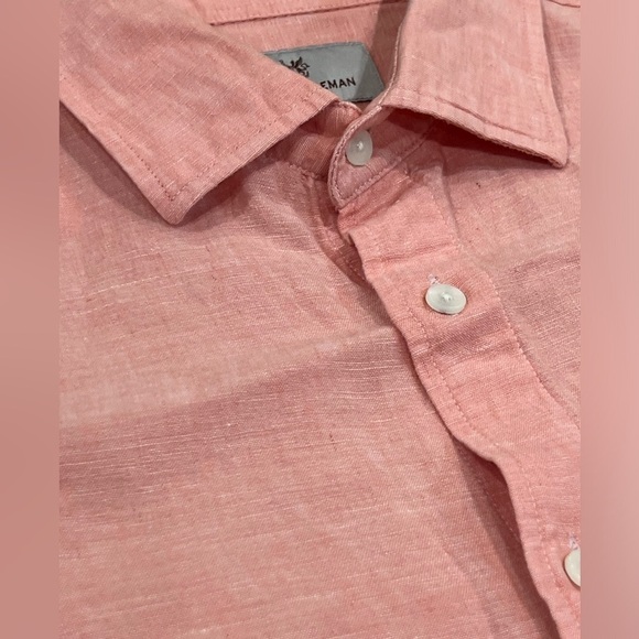 Hickey Freeman Large Short Sleeve Salmon Linen Cotton Blend Button Front Shirt - Picture 6 of 11